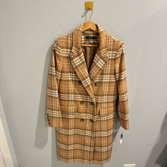 NWT Lauren Ralph Lauren Plaid Double Breasted Reefer Coat In Camel, Size 10 - Picture 4 of 13